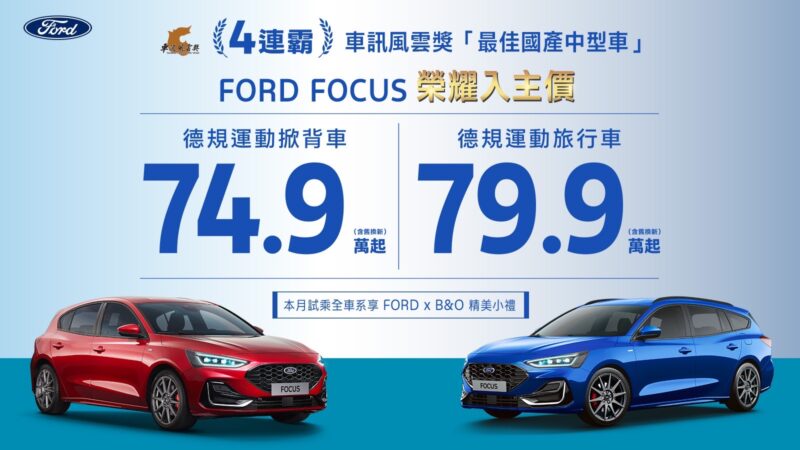 為回饋廣大消費者的支持與熱情，Ford Focus推出榮耀入主專案，活動期間2024年6月1日至6月30日止，入主New Ford Focus全車系74.9萬起（含舊換新）。(圖片提供：福特六和)