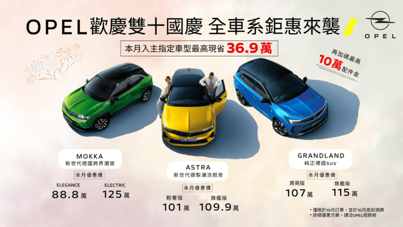 OPEL喜迎國慶祭出全車系超狂優惠，即日起至10月31日前入主OPEL全新指定車款即享超低震撼價，再加碼最高價值10萬元配件金，讓您輕鬆入主無負擔。(圖片提供：歐吉汽車)