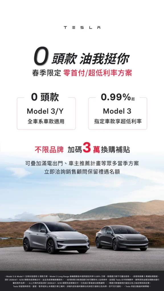 針對第二季新購及油車換購車主,Tesla 首次推出「不限品牌換購 Tesla 均享 3 萬元加碼補貼」,且 Model 3 及 Model Y 全車系均可零頭款入主,及 Model 3 指定車款 0.99% 超低月付利率。